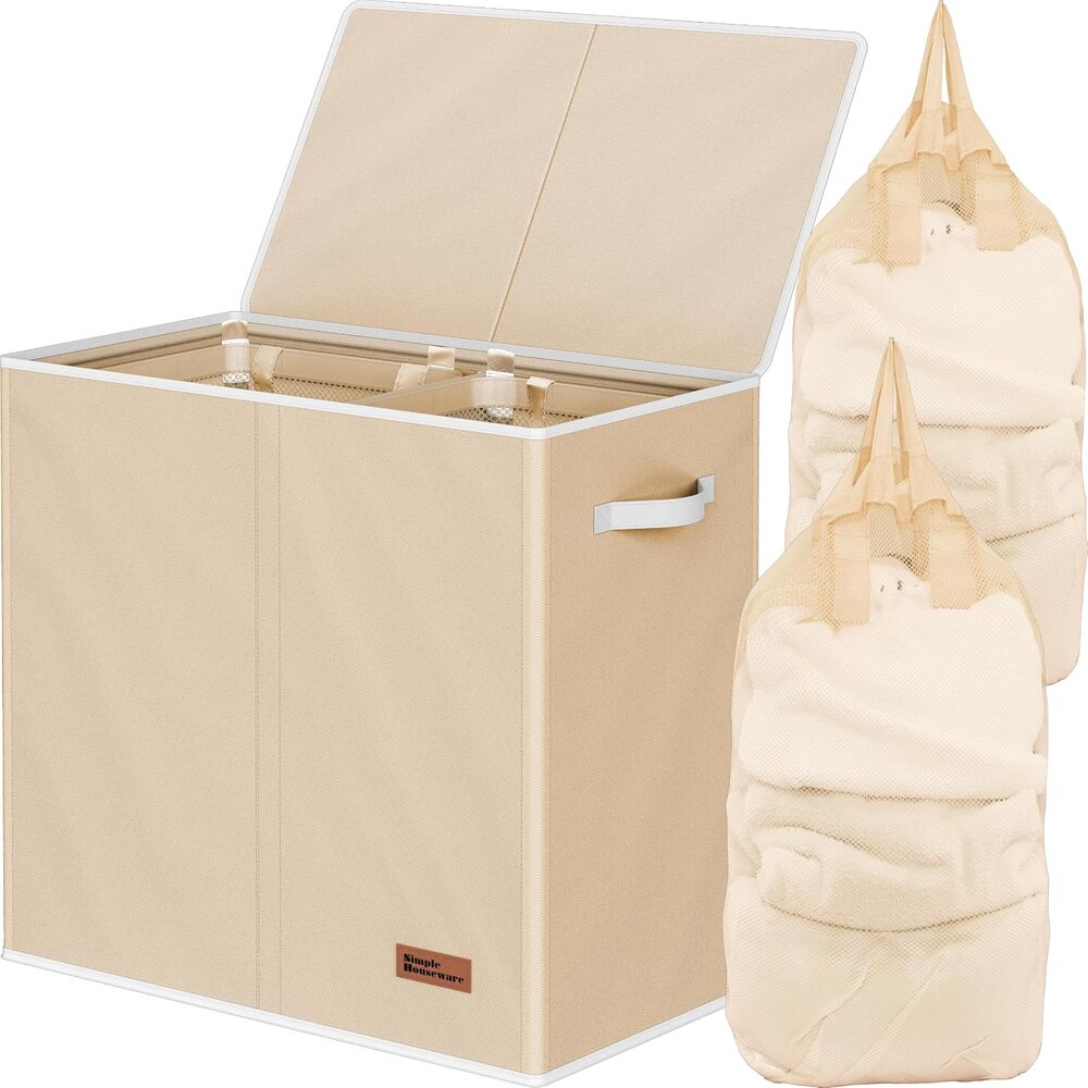 Simple Houseware Double Laundry Hamper with Lid & Removable Bags, Beige